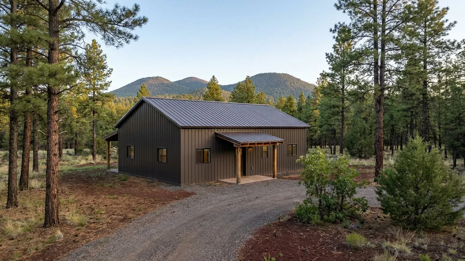 A compact 30x40 barndominium sized like a cabin in a clearing among tall ponderosa pines, with a covered entry porch.