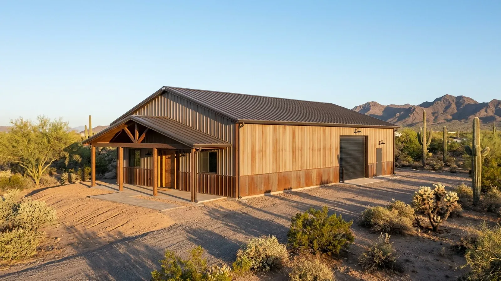A completed 40x60 barndominium on desert acreage with a covered residential entry on one end and a wide shop door on the other under one roof.
