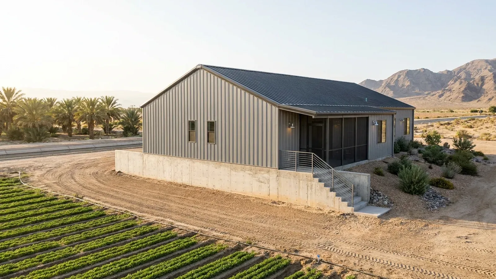 A barndominium raised on a concrete stem-wall foundation with steps up to a screened porch, beside flat irrigated fields and date palms.