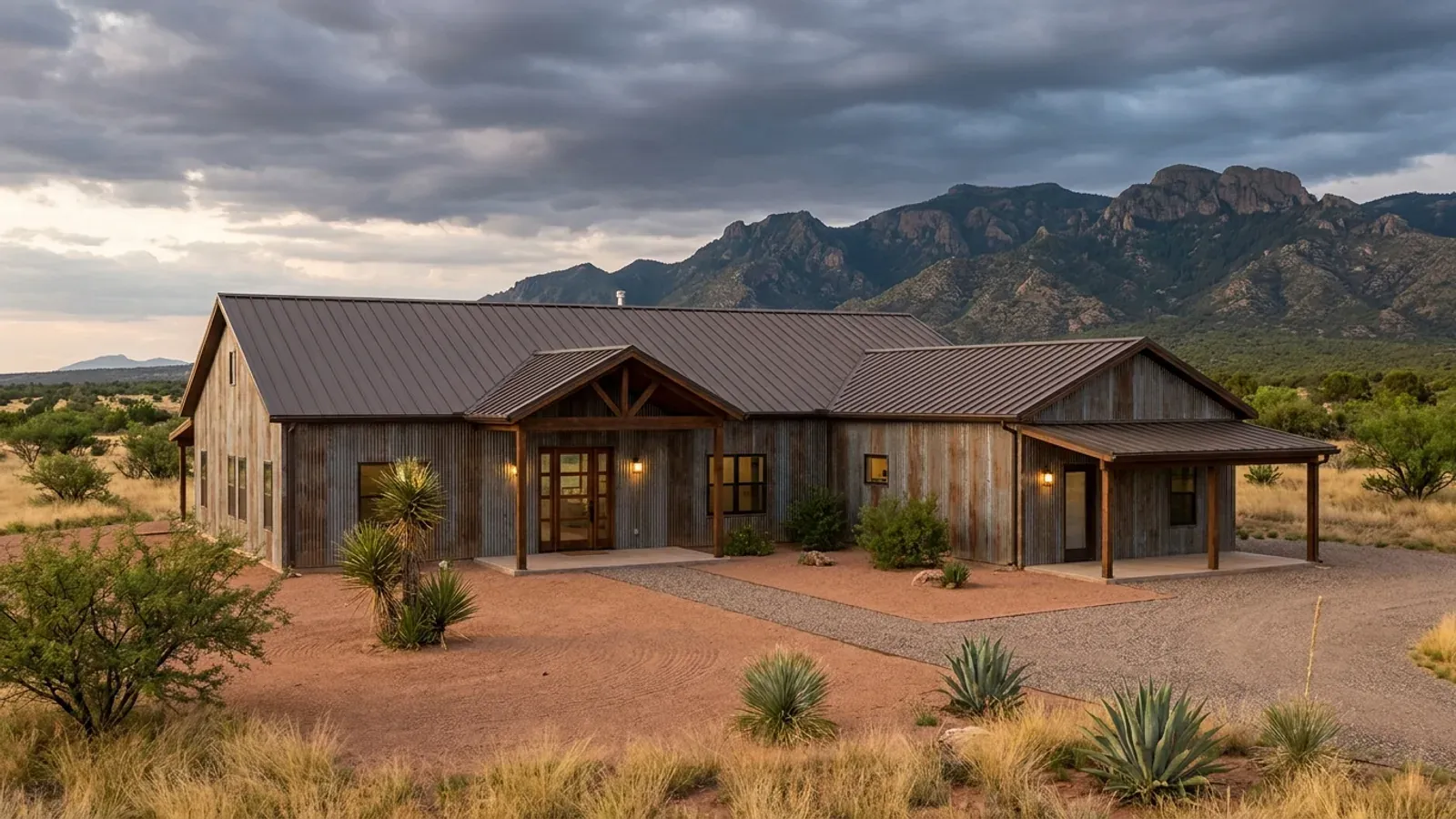 A barndominium with a smaller attached in-law suite wing that has its own covered entry, on grassland below a mountain range.