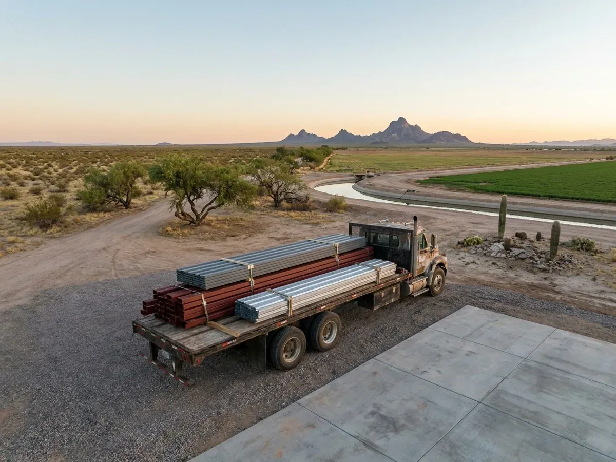 A flatbed truck delivering banded steel frame members and stacked metal roof panels to a desert building site beside a finished concrete slab.