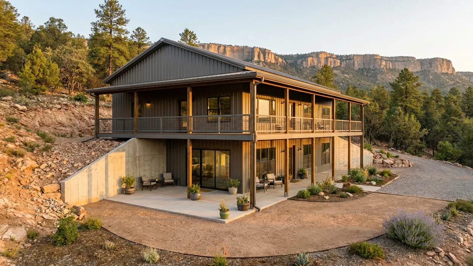 A barndominium with a walkout lower level built into a pine-covered hillside, the lower level opening onto a patio at grade.