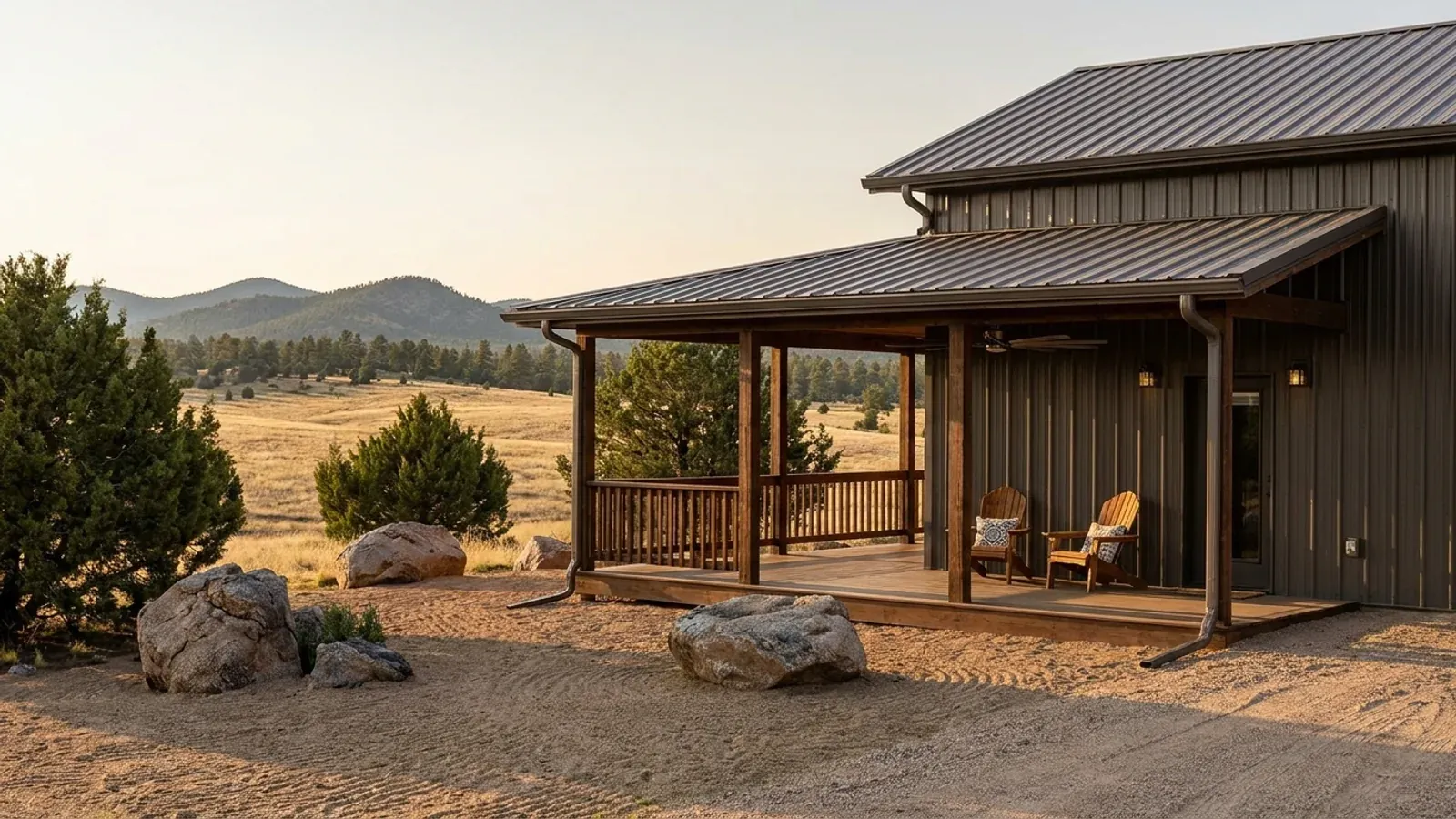 The corner of a barndominium with a deep covered porch and railing, set among juniper and granite boulders on open grassland.