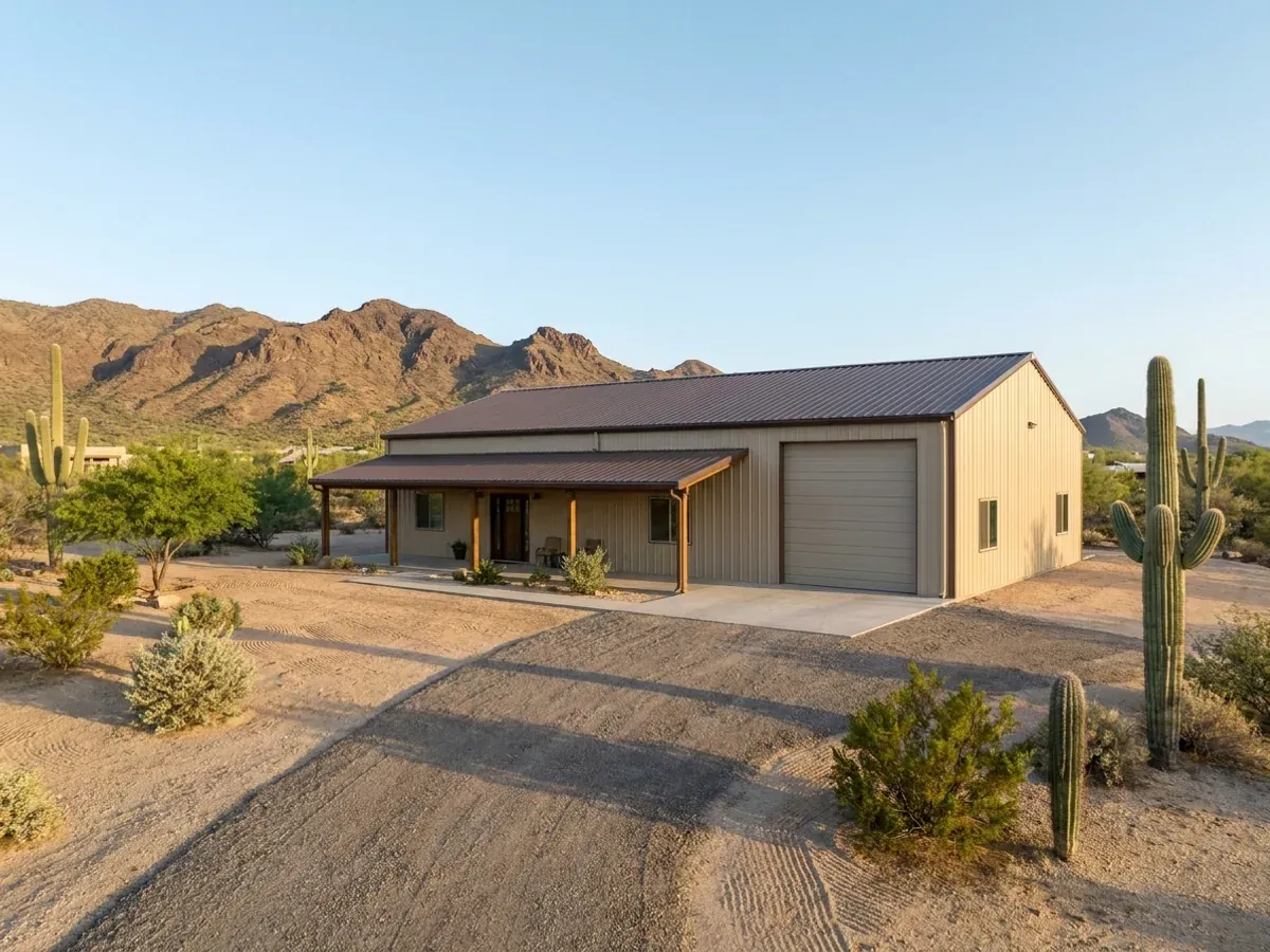 A completed barndominium in the desert viewed from the front corner, with a deep covered entry porch and an attached shop bay.