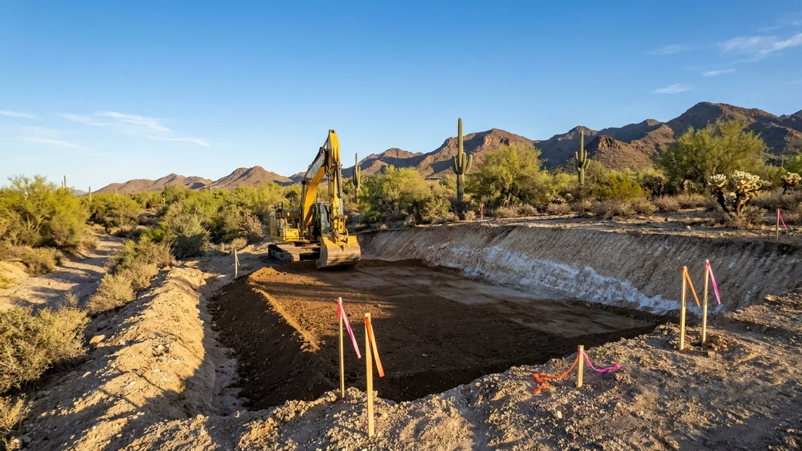 An excavator working a graded building area cut into desert ground, with white caliche in the cut face and survey stakes in the foreground.