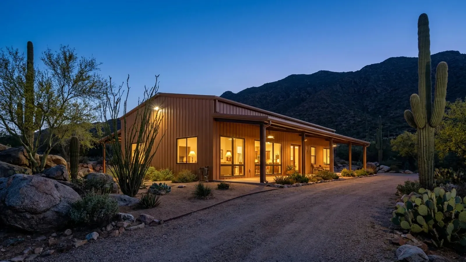 A finished barndominium at dusk in saguaro foothills, warm interior light glowing through its large windows.