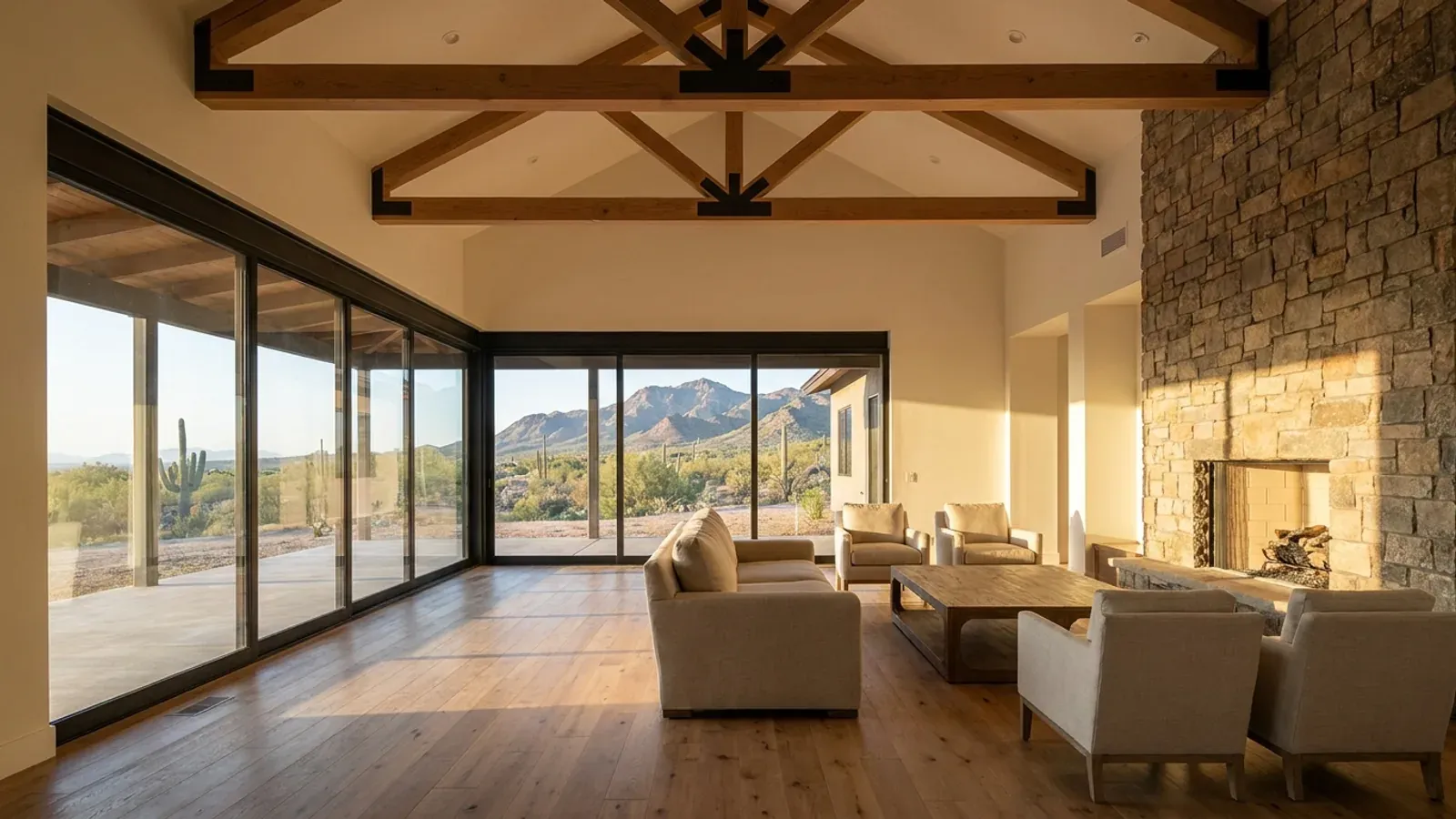 A vaulted barndominium great room with exposed wood trusses, a stone fireplace and a wall of glass doors looking out to saguaro foothills.