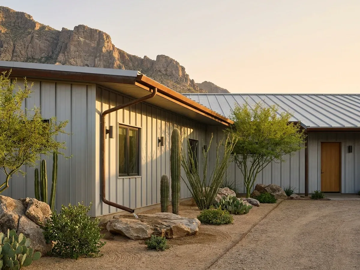 Exterior detail of a metal-clad home showing standing seam roofing, light vertical wall panels, a deep overhang and a downspout onto a rock splash pad.