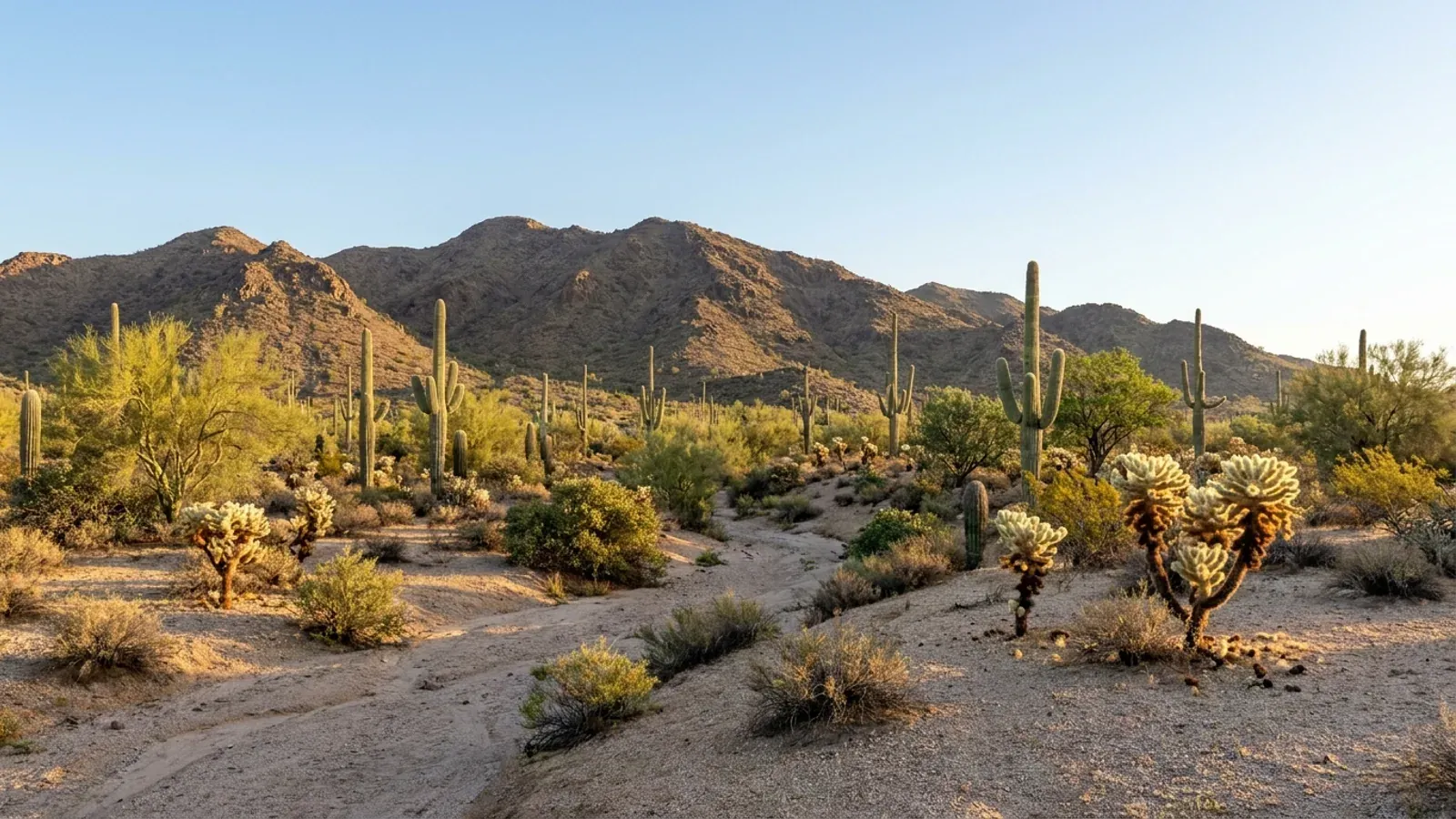 Sonoran desert on the edge of the Phoenix valley with tall saguaro, palo verde and cholla below a rugged brown mountain range.
