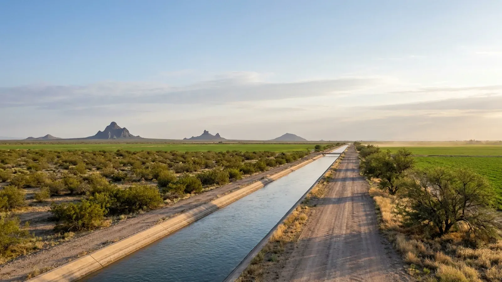 Flat Pinal County desert meeting irrigated alfalfa fields along a concrete canal, with jagged desert peaks rising from the plain.