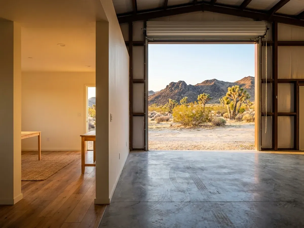 The interior of a shouse where a finished living area meets a shop bay with polished concrete and a tall roll-up door open to the desert.