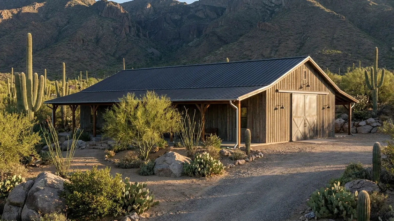 A completed single-story barndominium with a long, low roofline among saguaro and palo verde below a rocky mountain range.