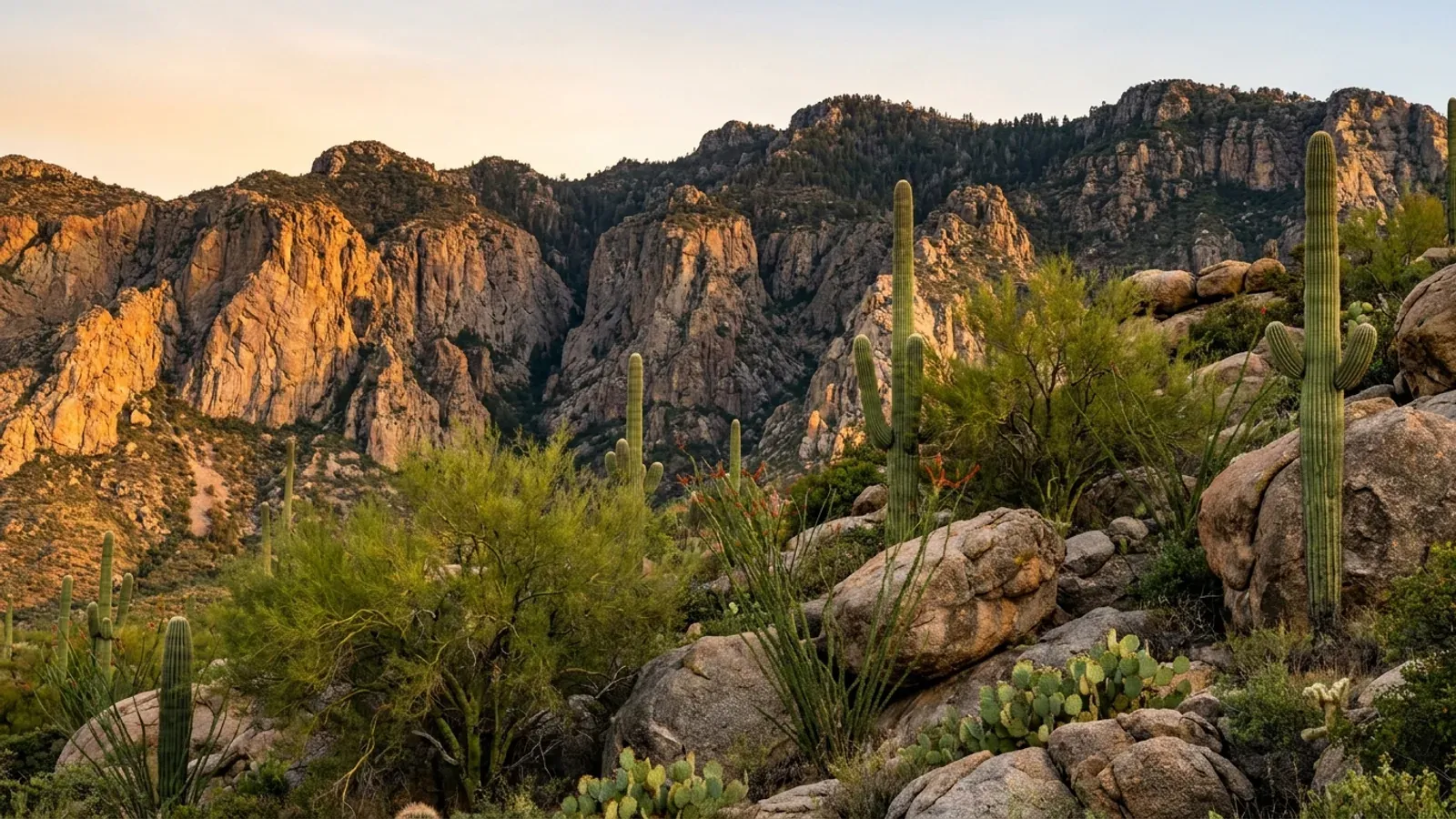 Saguaro, palo verde and ocotillo on a rocky bajada north of Tucson below the steep, ridged face of a high mountain range.